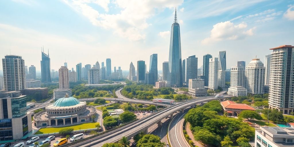 Modern city skyline with green spaces and advanced transportation.