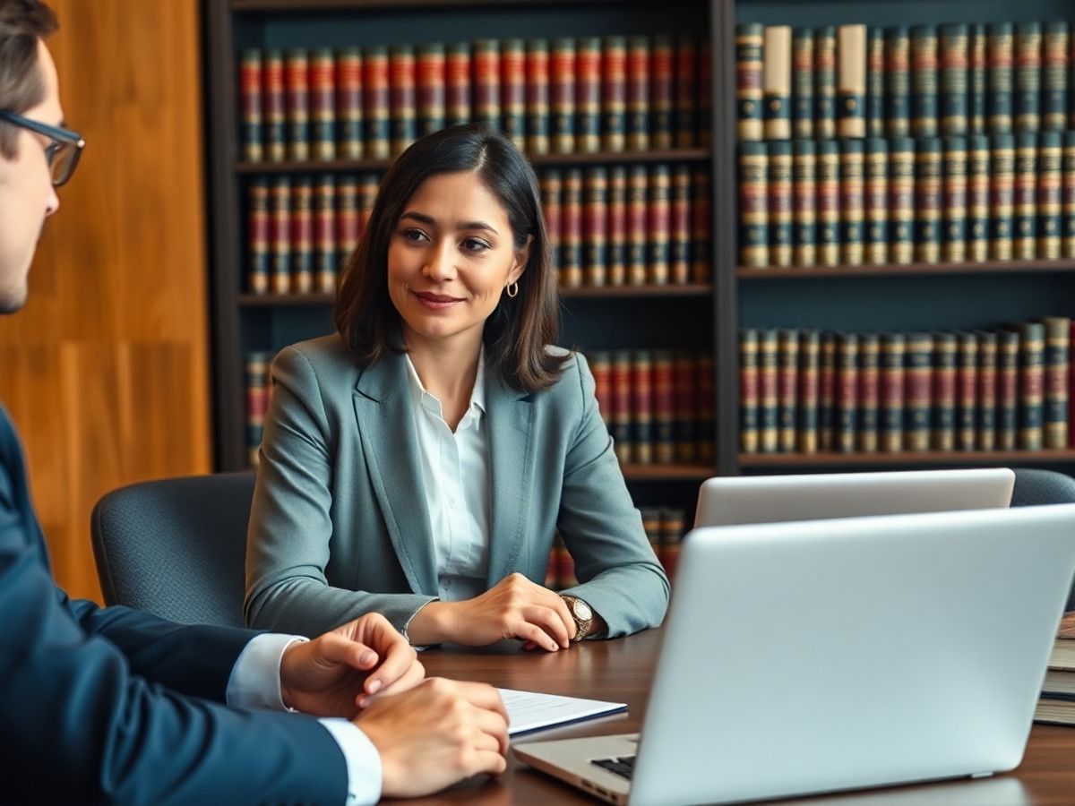 Avocat și client discutând într-un cadru profesional.