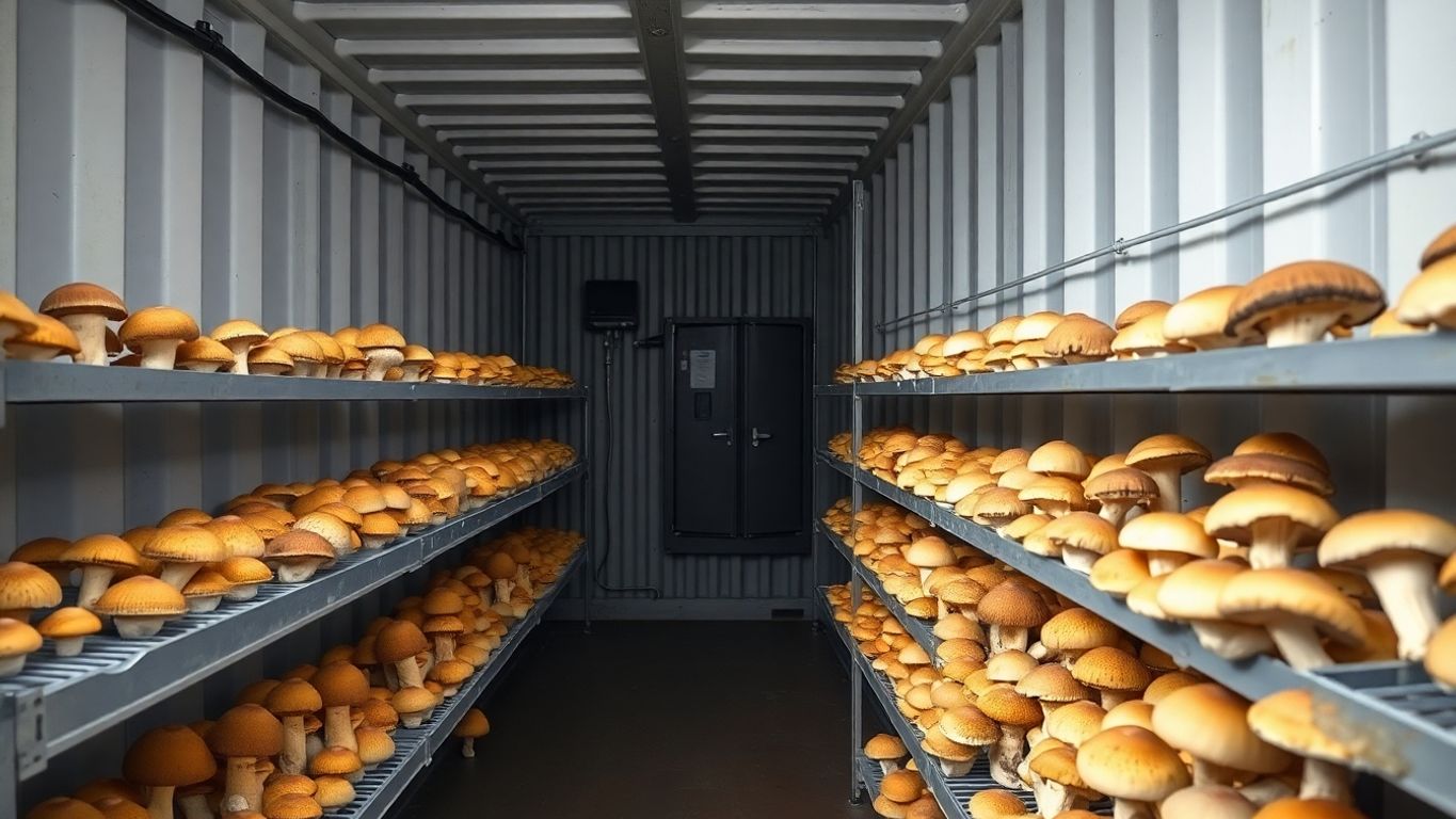 Mushrooms growing inside shipping container.