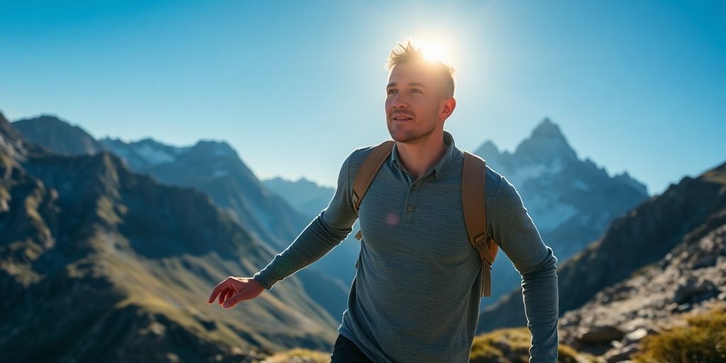 Man in merino wool, mountainous, sunny, active.