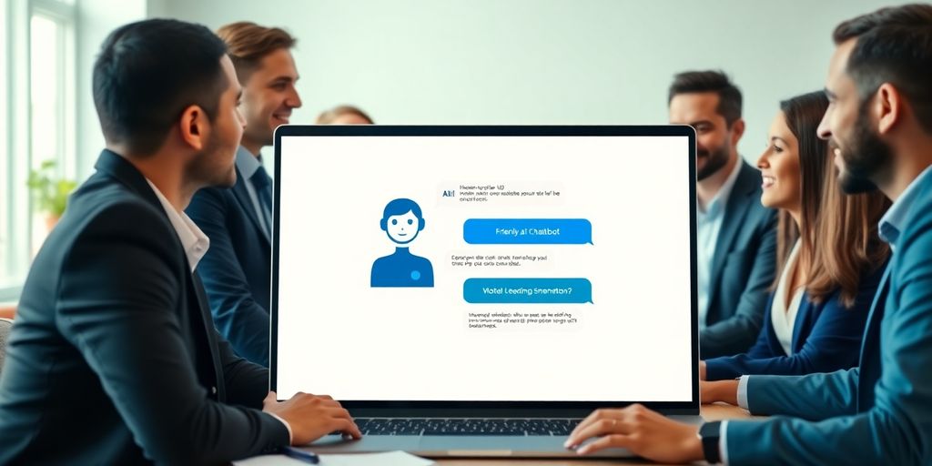 Diverse professionals collaborating with an AI chatbot on a laptop.