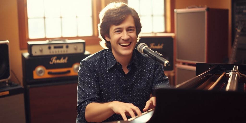 Brian Wilson, smiling, playing piano, recording studio.