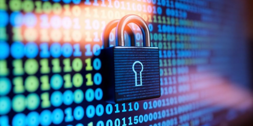 Digital lock on a screen with binary code background.