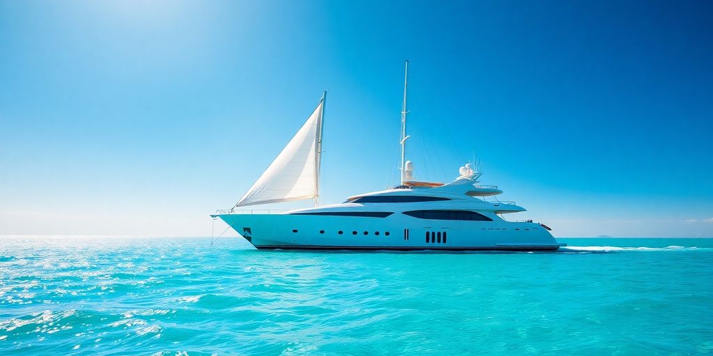 Luxury yacht sailing on azure waters.