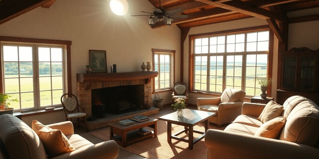 Cozy antique farmhouse living room with fireplace and natural light.