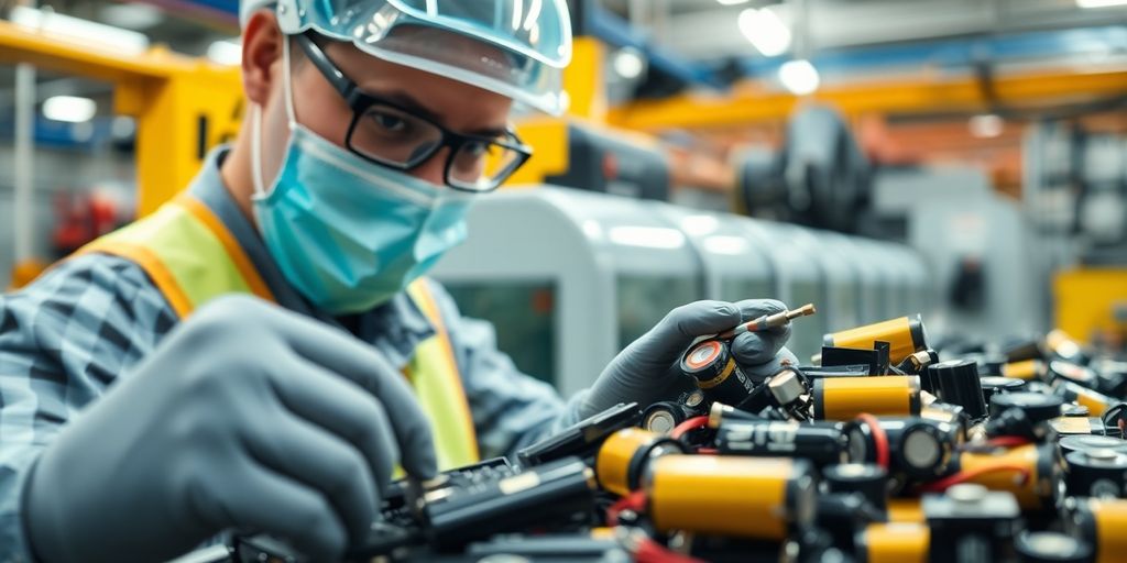 Technician working with batteries in a recycling facility.
