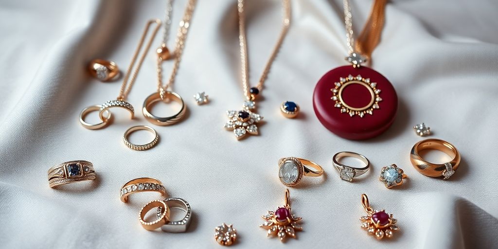 Bijoux en vente sur un tissu doux et coloré.