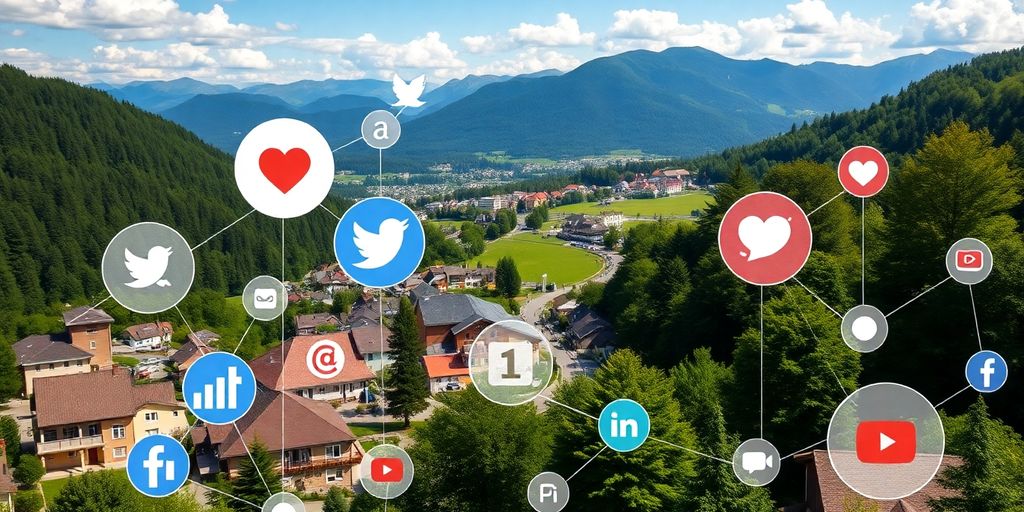 Bunte Social-Media-Icons vor Kärntner Landschaft.