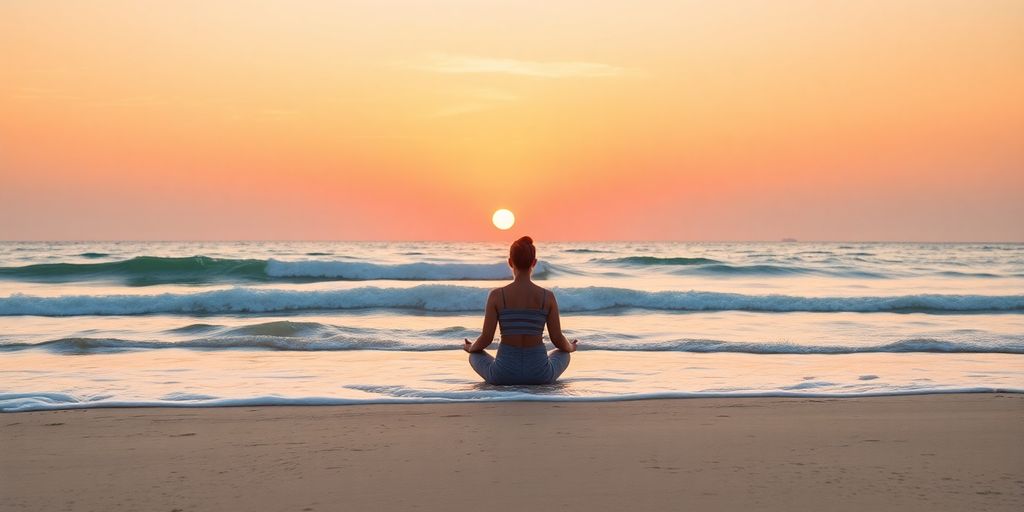 Pessoa meditando na praia ao amanhecer.