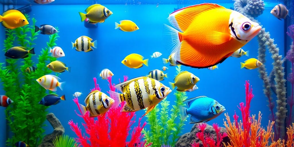 色彩斑斓的异国鱼在郁郁葱葱的水族箱中游泳。