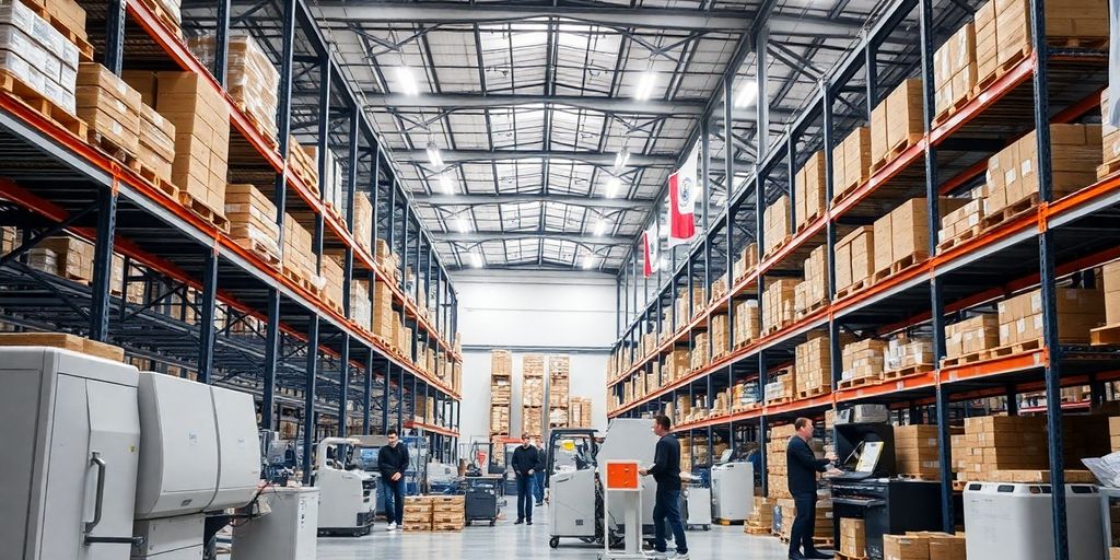 Interior of a high-tech warehouse with organized shelving.