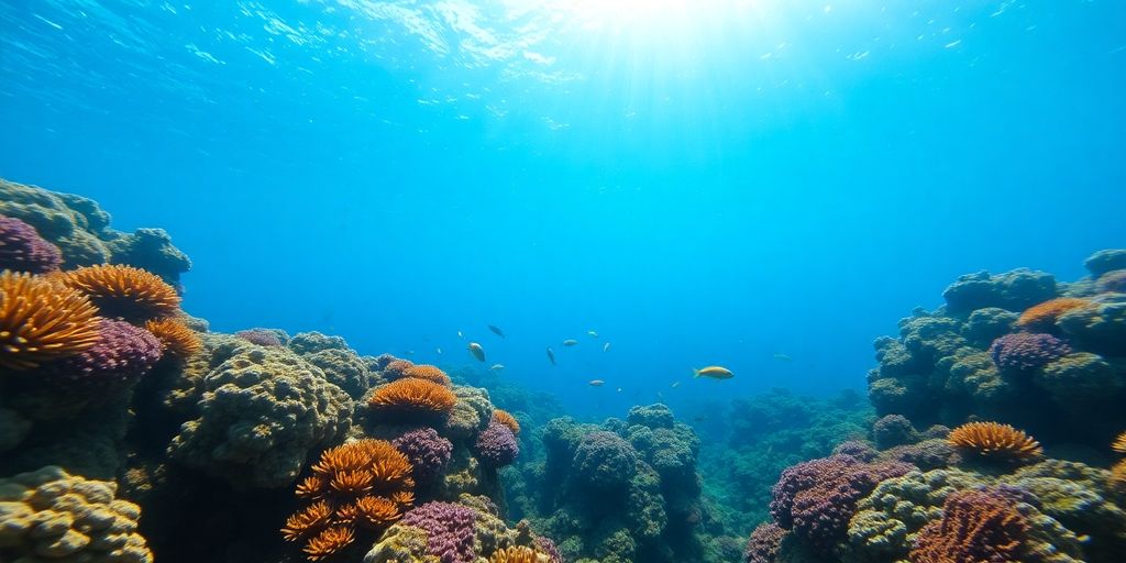Underwater view of coral reefs and colorful fish in Gili Islands.