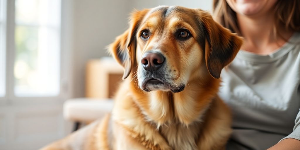 Happy dog sitting with owner.