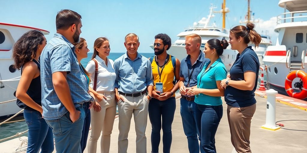 Diverse maritime professionals networking on a sunny dock.