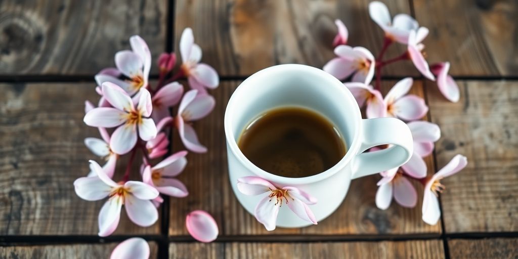 Coffee cup on wooden table with flowers.