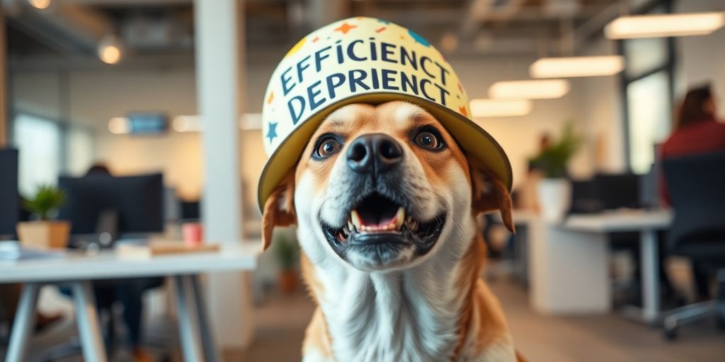 Dog wearing Efficiency Department Hat in an office setting.