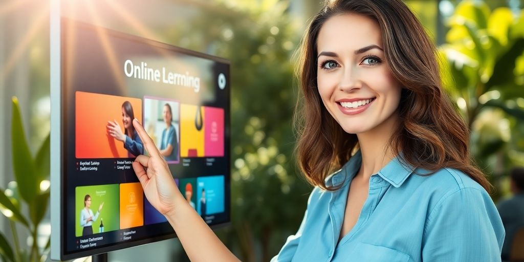 Woman confidently points to a digital course interface.