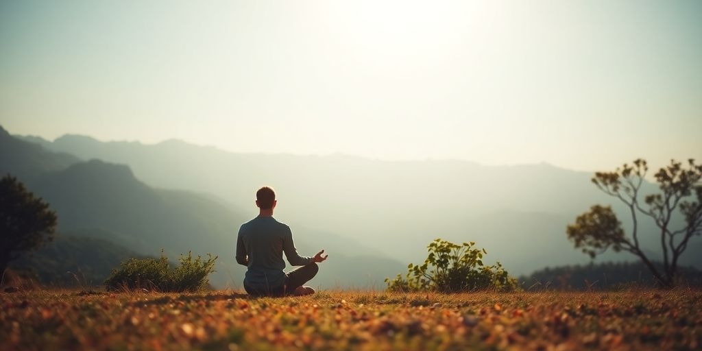 Person meditating in nature, surrounded by calming energy waves.