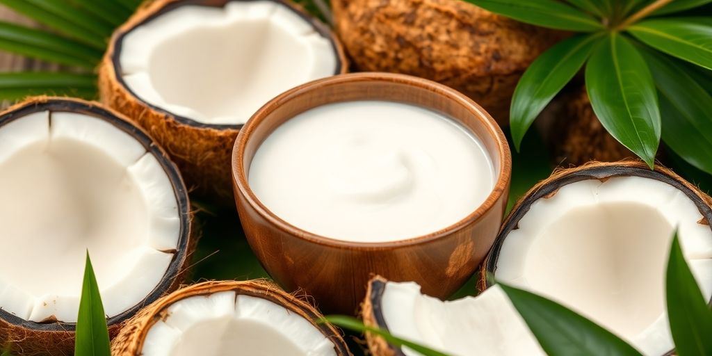 Bowl of heavy cream with fresh coconuts and leaves.