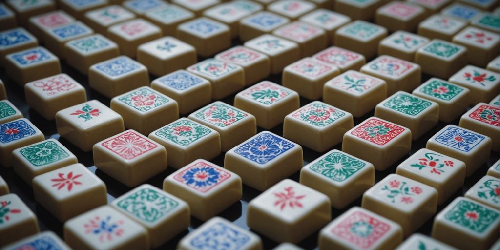 Mahjong tiles neatly arranged in a colorful grid pattern.