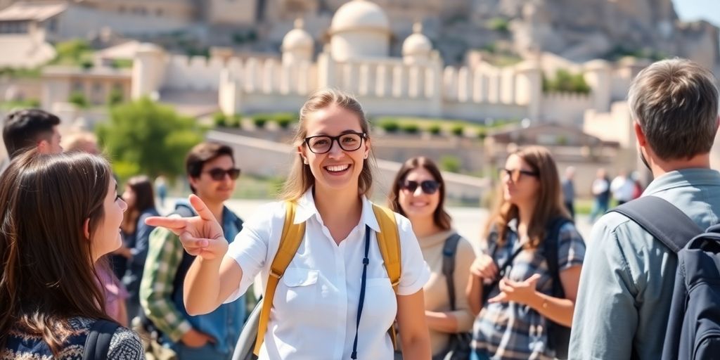 Tour guide helping tourists.