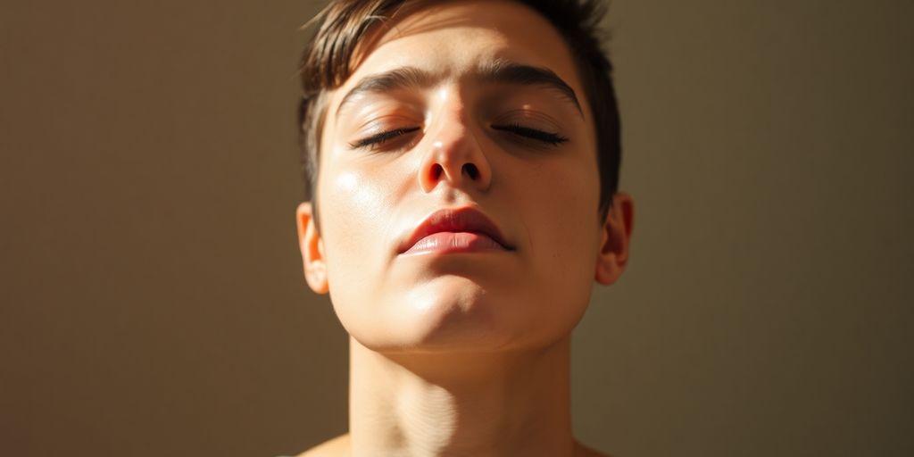 Person practicing deep breathing with eyes closed.
