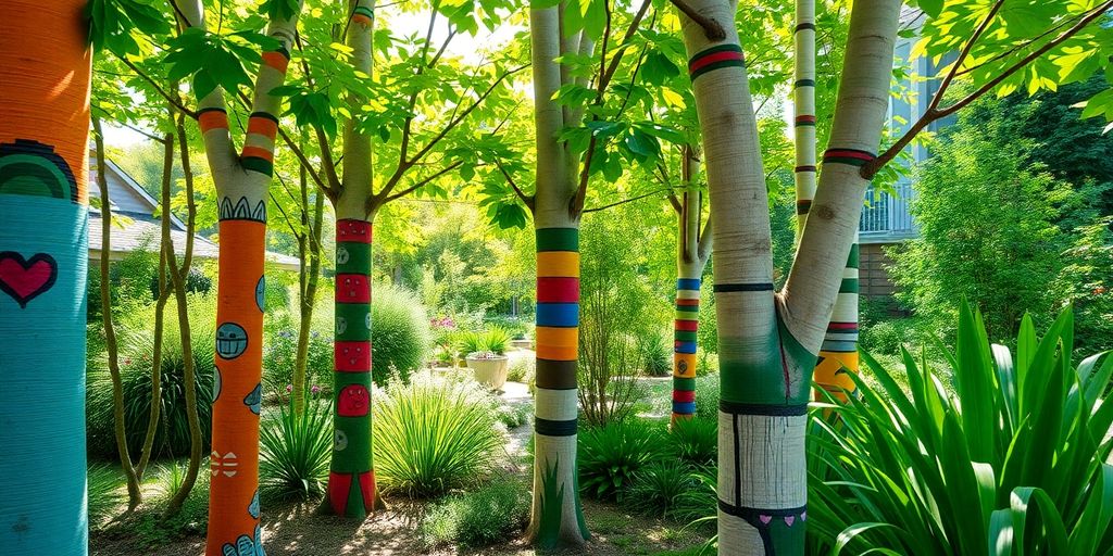 Colorful painted trees in a lush garden setting.