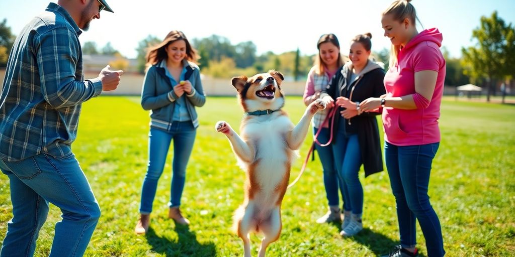 A dog jumping during a training session with people.