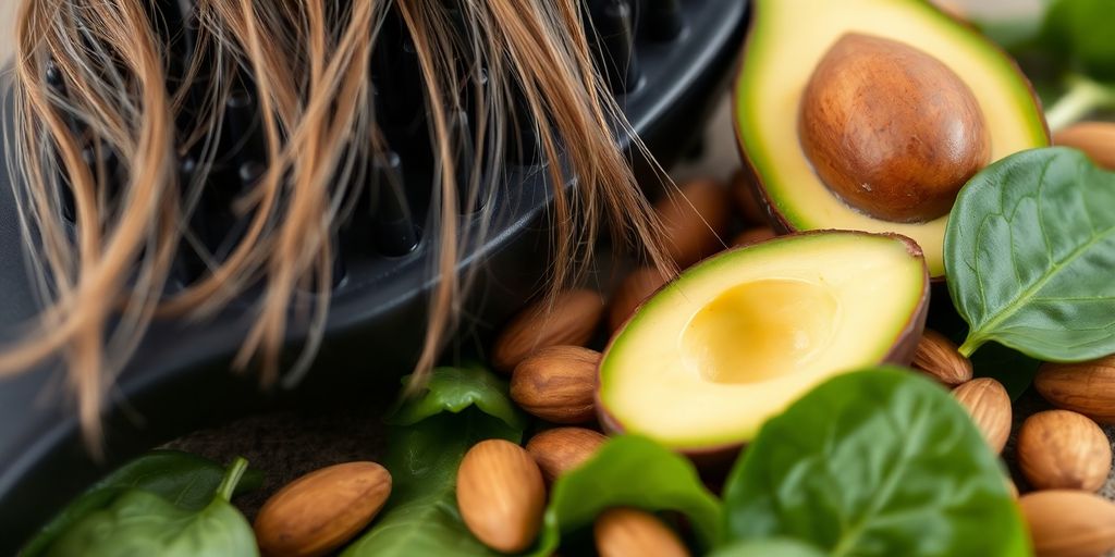 Hair strands on a brush with various foods.