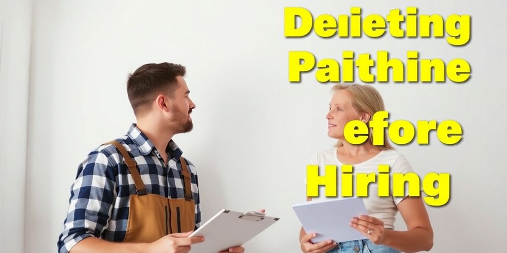 Painter discussing details with a homeowner near a freshly painted wall.