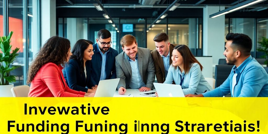 Diverse team brainstorming innovative funding strategies in an office.