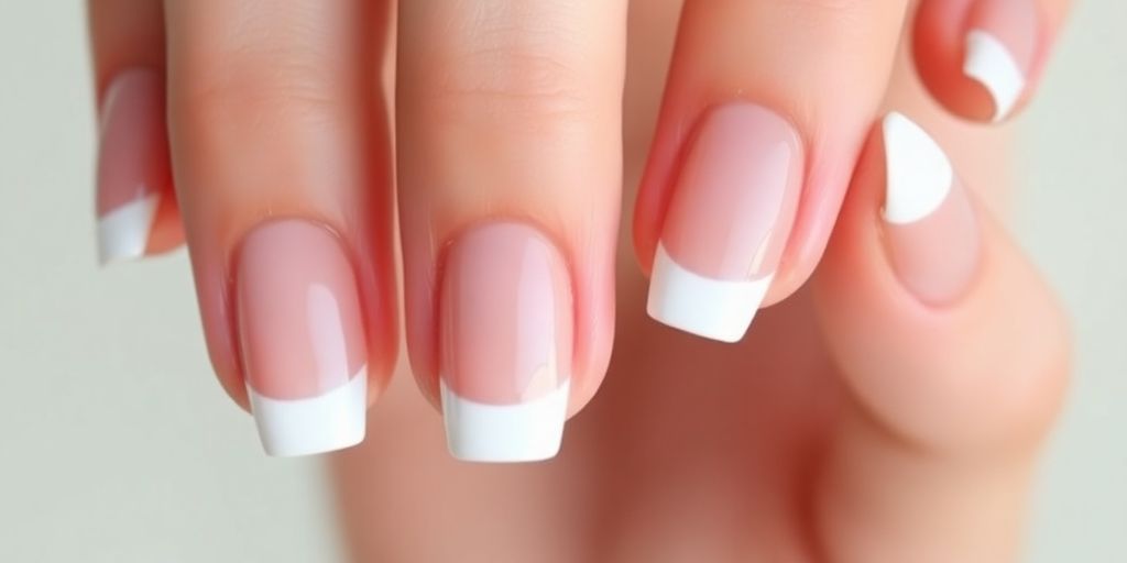 Modern French manicure with nude and white tips.