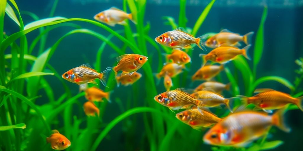 Rasboras swimming in a planted aquarium.