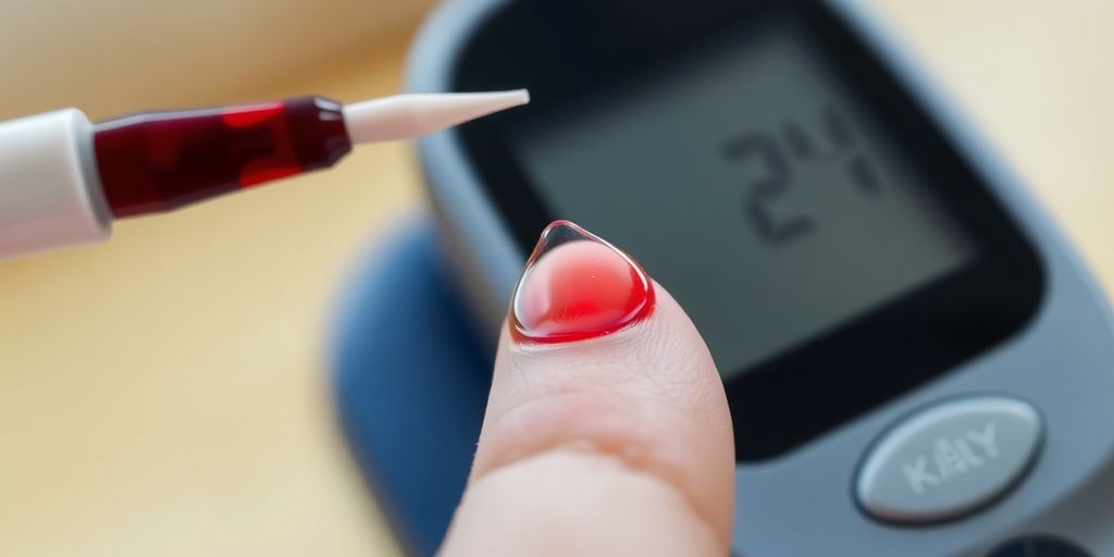 Man testing blood sugar with glucometer.