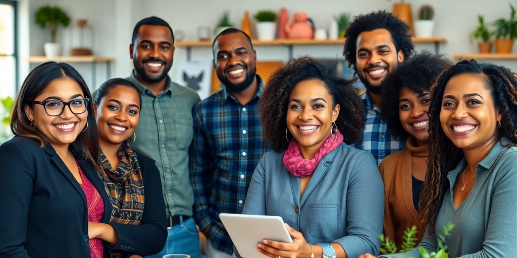 Diverse small business owners collaborating in a vibrant workspace.