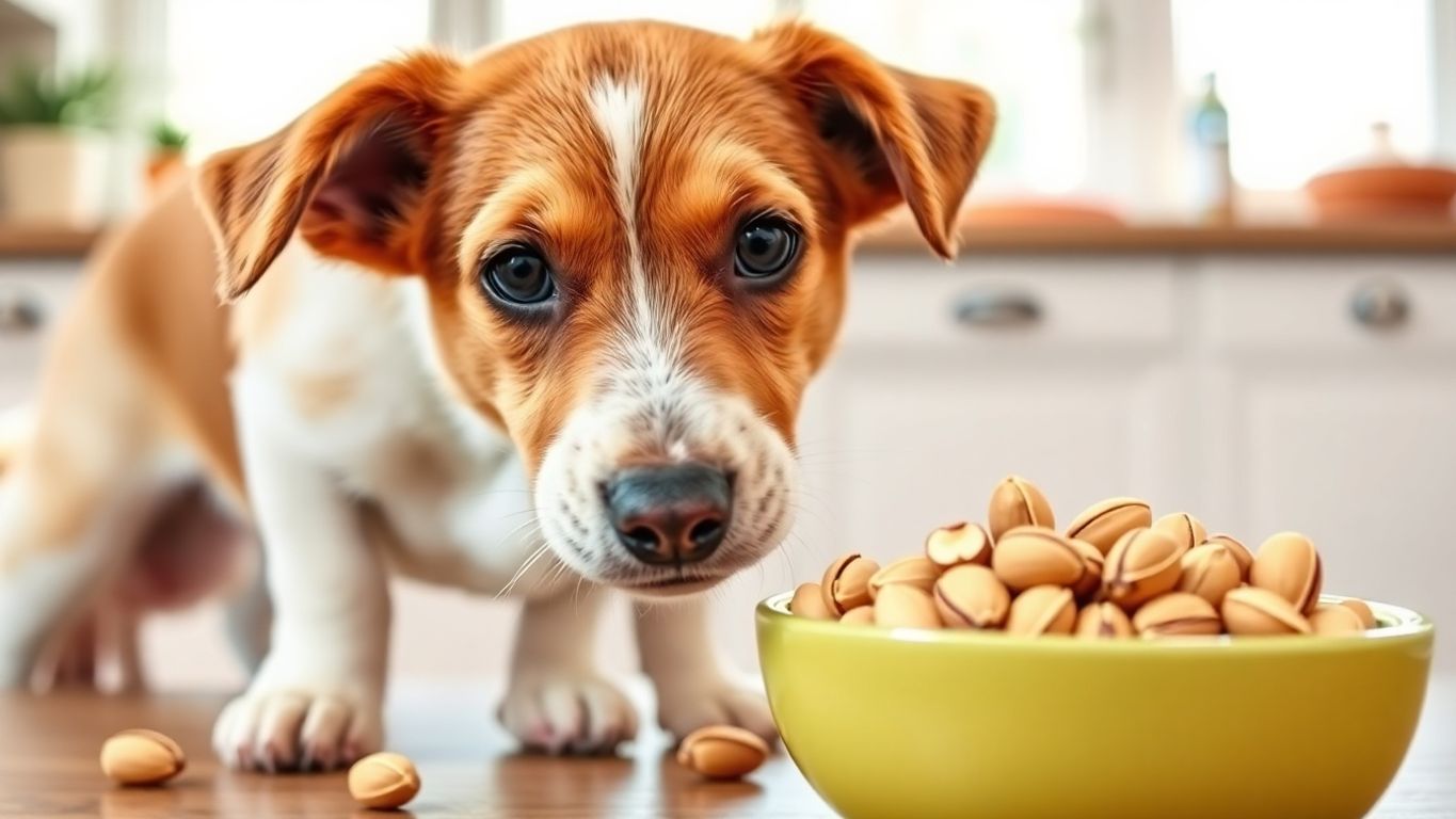 Dog sniffing a bowl of pistachios in a kitchen.