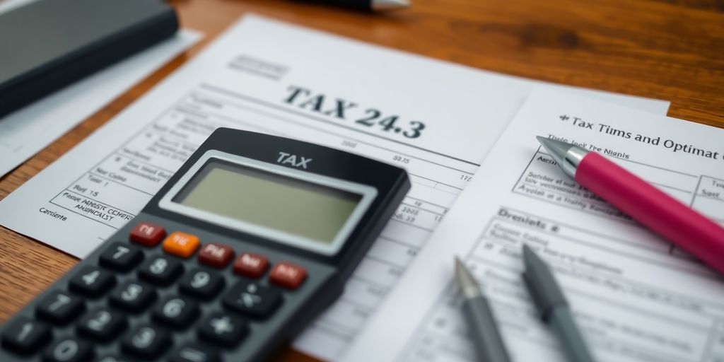 Tax documents and a calculator on a wooden desk.