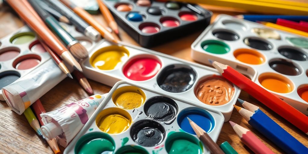 Art supplies, brushes, paint, pencils