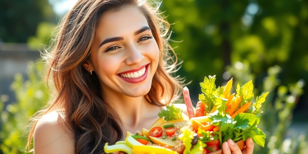 Woman smiling, holding a healthy meal.