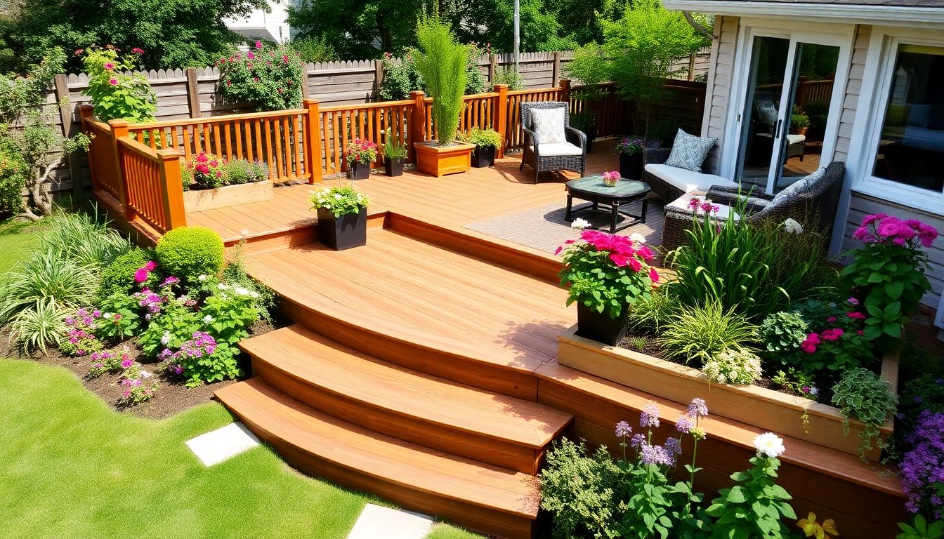 Custom wooden decking in a vibrant garden setting.