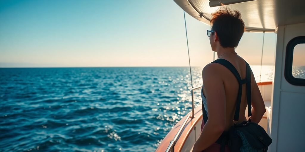 Sailor on a boat looking at the ocean horizon.