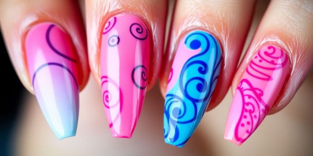 Unhas stiletto coloridas e detalhadas em close.