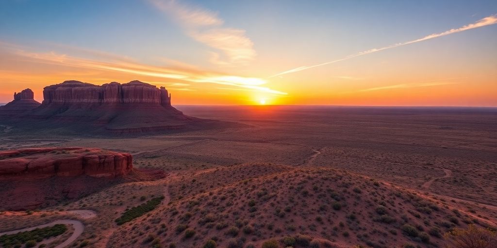 Rugged landscape of Oklahoma Panhandle at sunset.