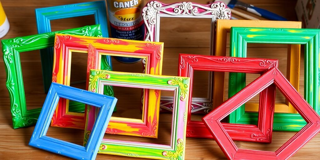 Colorful DIY spray-painted picture frames on a wooden surface.