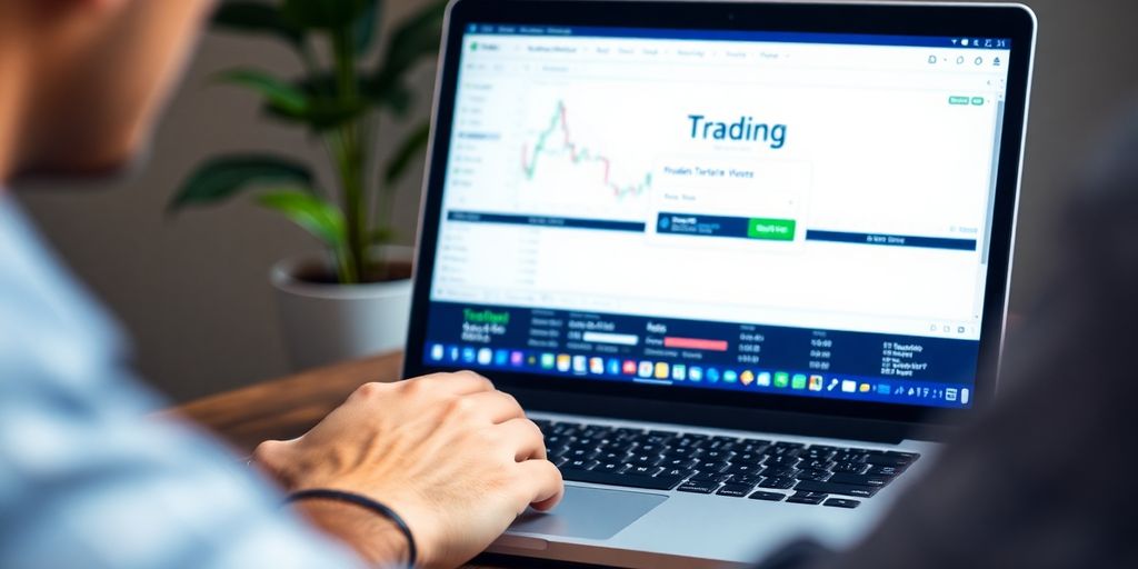 Person logging into a trading platform on a laptop.