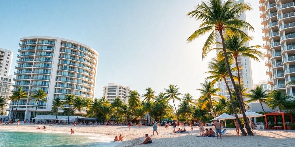 Sunny Isles beach with modern luxury condos and palm trees.