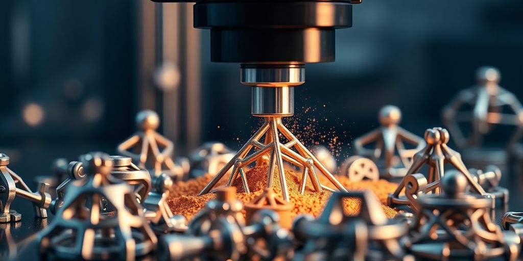 Futuristic 3D metal printer creating intricate metallic objects.