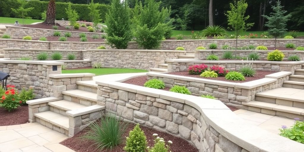 Beautiful garden with stone retaining walls and vibrant plants.