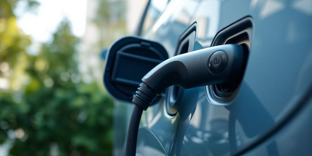 Electric car charging at a station.