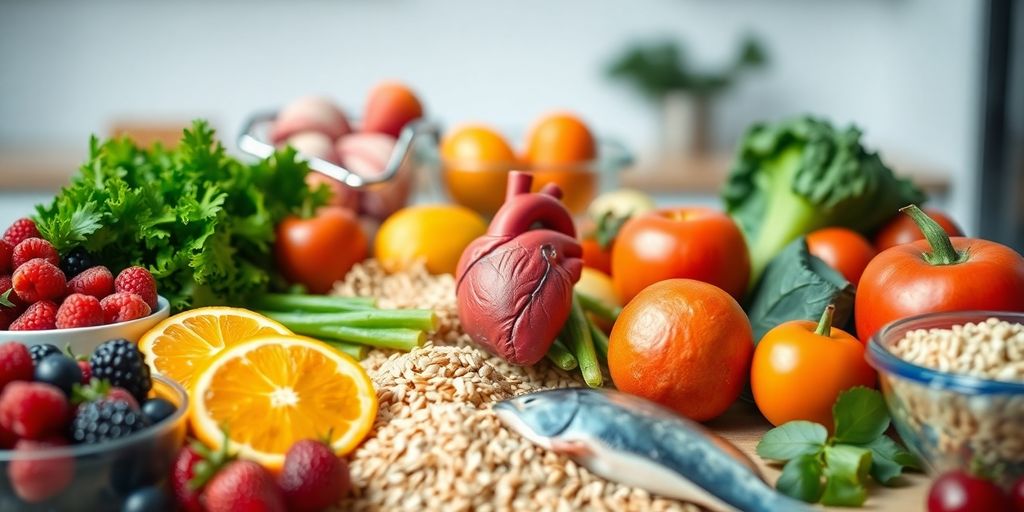 Table with healthy foods, heart model.